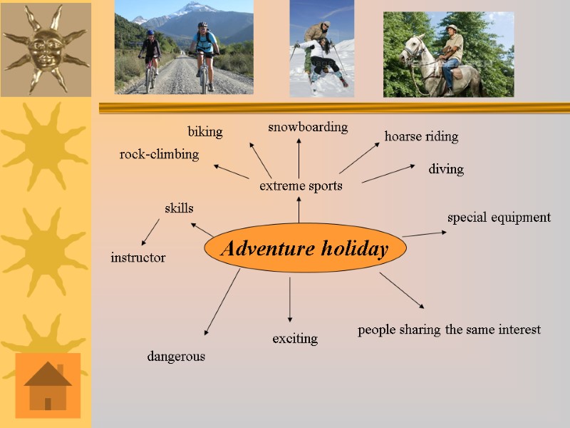 Adventure holiday extreme sports rock-climbing biking snowboarding hoarse riding diving dangerous exciting  people